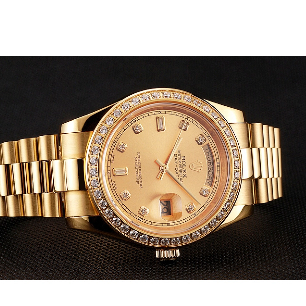 Aaa replica watch 1454099 Bezel Diamond Dial Champagne Gold Rolex Swiss Day-Date Bracelet 0721